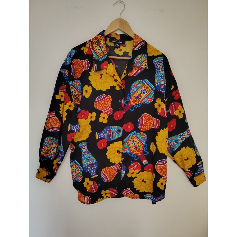 Vintage 80s 90s Laura & Jayne 100% Silk Grannycore Boho Blouse Floral Vase Print